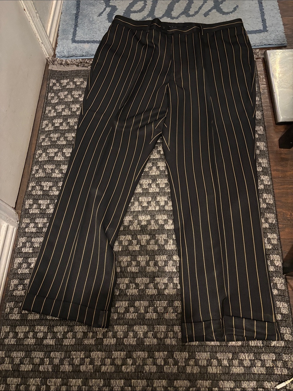 Den Zel Men's Black Dress Pants with Thin Gold Pinstripes 48L W42 - NWOT